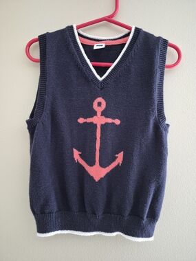 Janie and Jack Navy V-Neck Sweater with Coral Trim